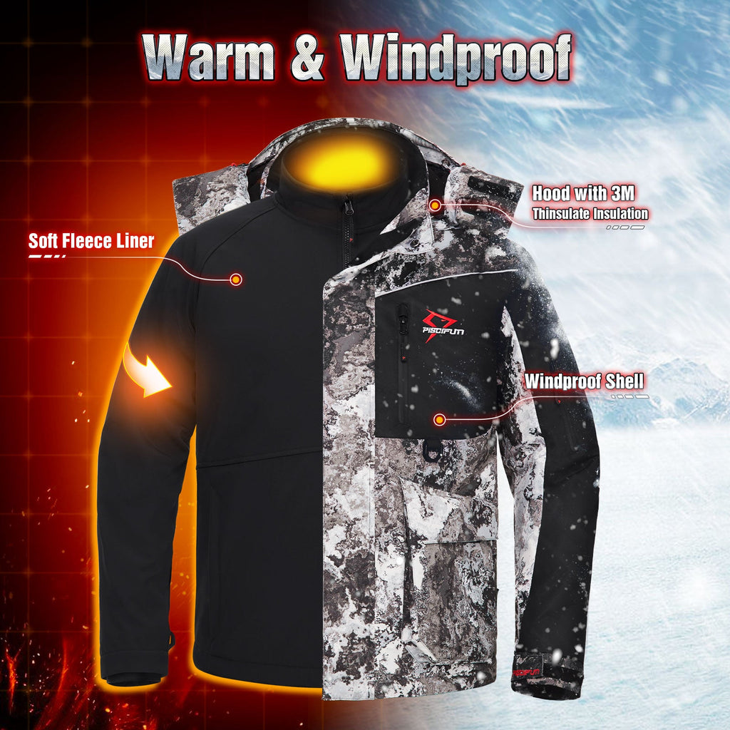Ice fishing jacket with windproof shell, fleece liner, and Thinsulate insulation. Waterproof fabric with sealed seams. Flotation technology and 16 pockets for safety and storage. Eye-catching design by Piscifun.