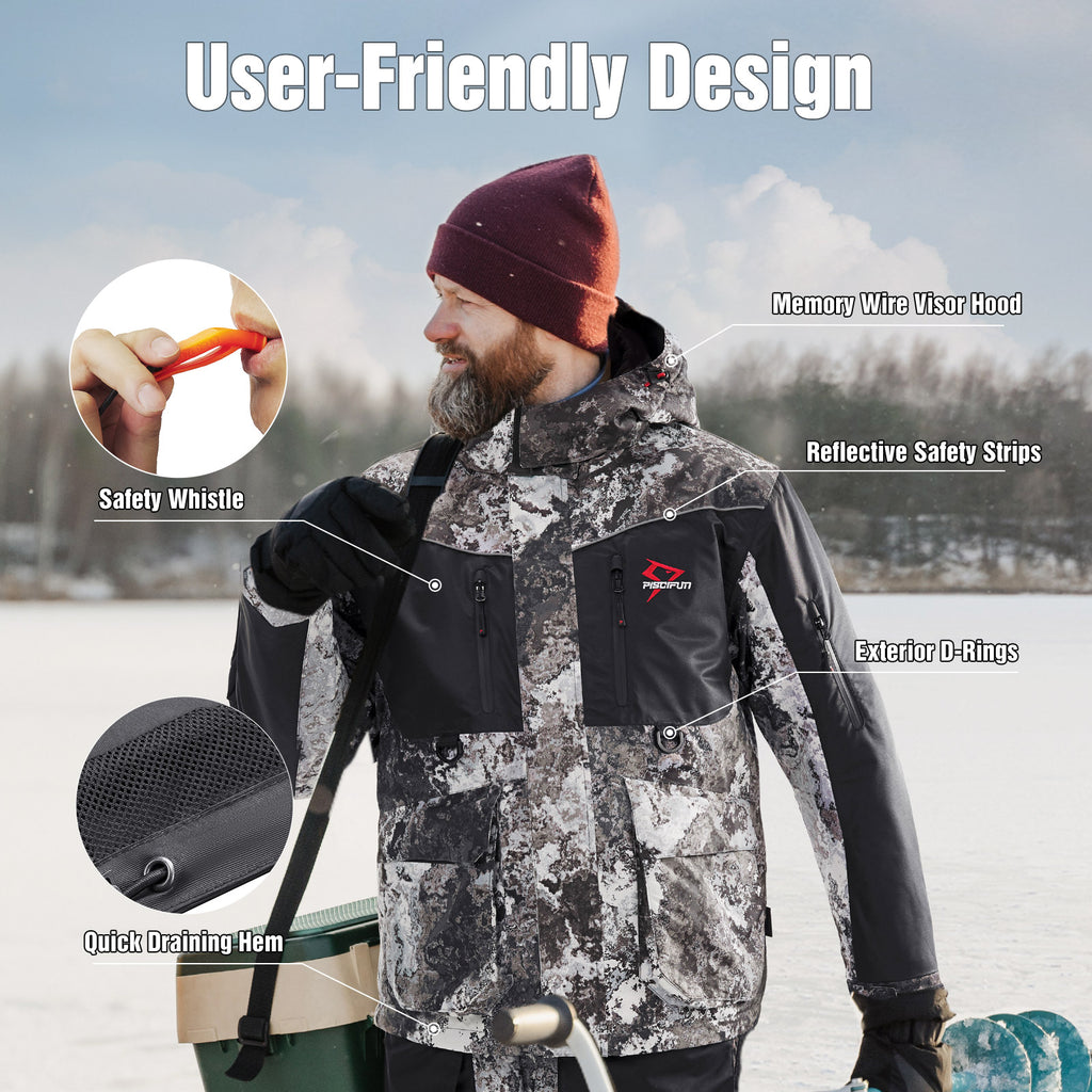 Piscifun Ice Fishing Suit,3 in 1 Jacket,Waterproof Fishing Bib With  Flotation Technology