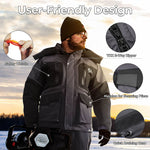 A man wearing a Piscifun Ice Fishing Jacket and Bibs, featuring Safe Flotation Technology, windproof fabric, and multiple pockets for storage.