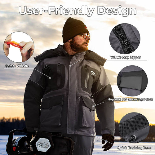 A man wearing a Piscifun Ice Fishing Jacket and Bibs, featuring Safe Flotation Technology, windproof fabric, and multiple pockets for storage.
