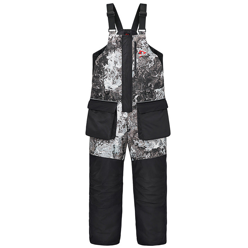 Piscifun Ice Fishing Suit: A black and grey overalls with straps, paired with camouflage shorts and black pants with a silver and black design. The image showcases the clothing items for ice fishing, including a bag with a camouflage pattern.