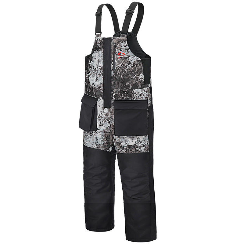 Piscifun Ice Fishing Bibs: Overalls with straps and camouflage shorts for fishing on ice. Waterproof, windproof, and insulated for warmth. Flotation technology for safety. Multiple pockets for storage. High-quality and durable design.