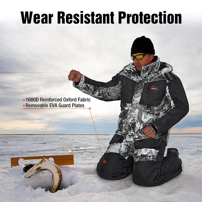 A man in snow gear kneeling on snowy ground, wearing the Piscifun Ice Fishing Suit, a 3-in-1 waterproof jacket and fishing bib with flotation technology.