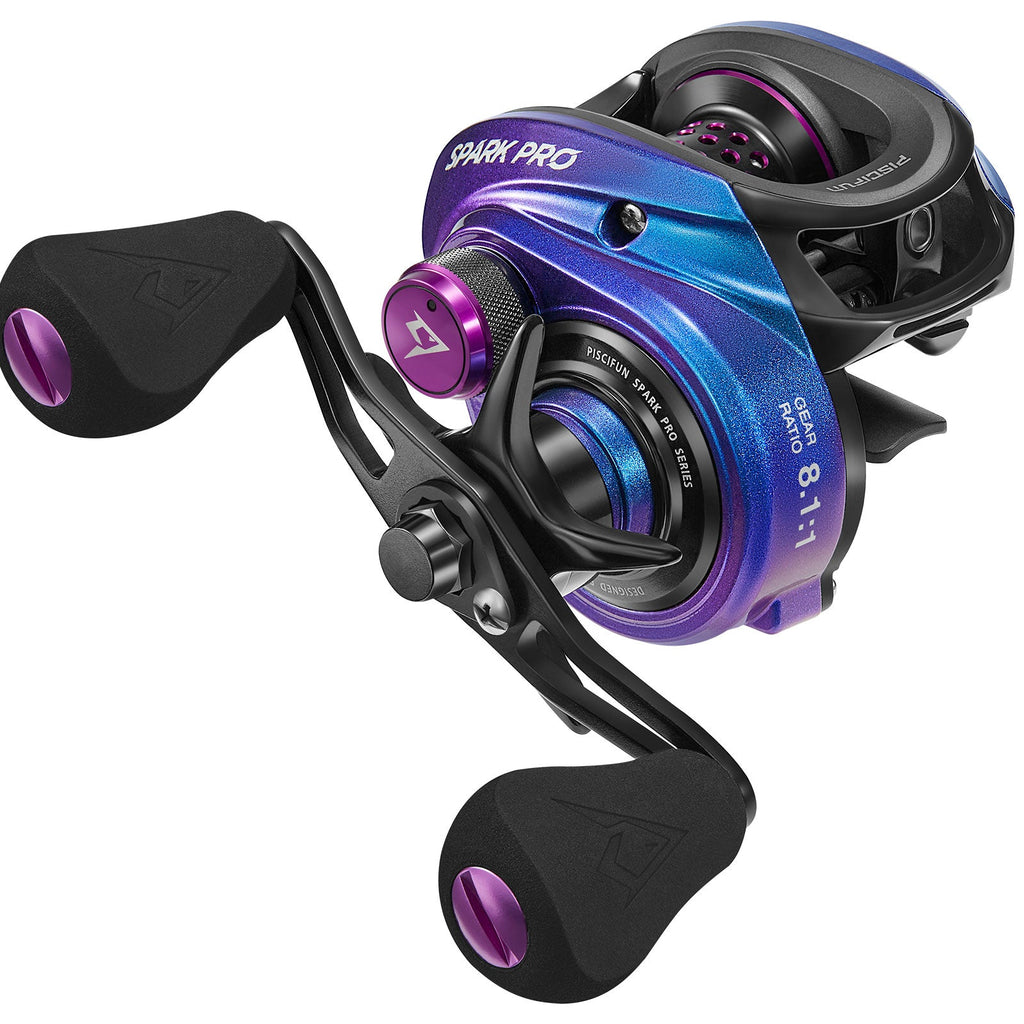 A compact and stylish Piscifun® Spark Pro Baitcasting Reel, featuring a chameleon paint design for a dazzling appearance. With excellent stability, high strength, and corrosion resistance, this fishing reel offers precise control with its magnetic brake system. Boasting a strong pulling force of 16.5lb/7.5kg, it's perfect for your fishing adventures.