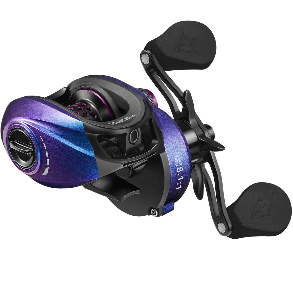 A close-up of the Piscifun® Spark Pro Baitcasting Reel, a fishing reel with chameleon paint for a dazzling appearance. It offers excellent stability, compact styling, and high strength. Features a magnetic brake system for precise control and a strong pulling force of 16.5lb/7.5kg.