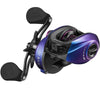 A close-up of the Piscifun® Spark Pro Baitcasting Reel, a fishing reel with chameleon paint for a dazzling appearance. It offers excellent stability, compact styling, and high strength. Features a magnetic brake system for precise control and a strong pulling force of 16.5lb/7.5kg.