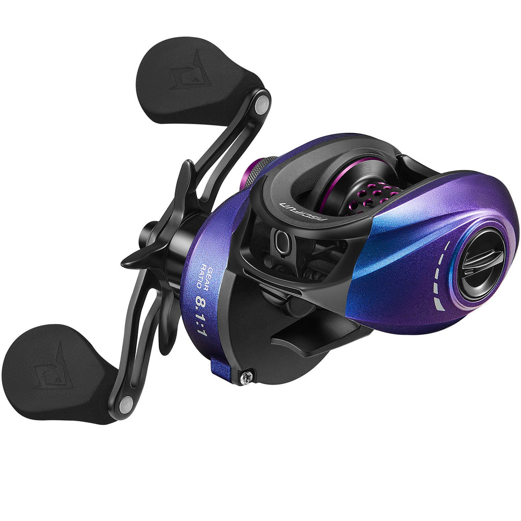 A close-up of the Piscifun® Spark Pro Baitcasting Reel, a fishing reel with chameleon paint for a dazzling appearance. It offers excellent stability, compact styling, and high strength. Features a magnetic brake system for precise control and a strong pulling force of 16.5lb/7.5kg.