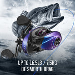 A close-up of the Piscifun® Spark Pro Baitcasting Reel, featuring a fish with a fishing rod and reel. High strength, wear and corrosion resistance. Magnetic brake system for precise control. Strong pulling force of 16.5lb/7.5kg.