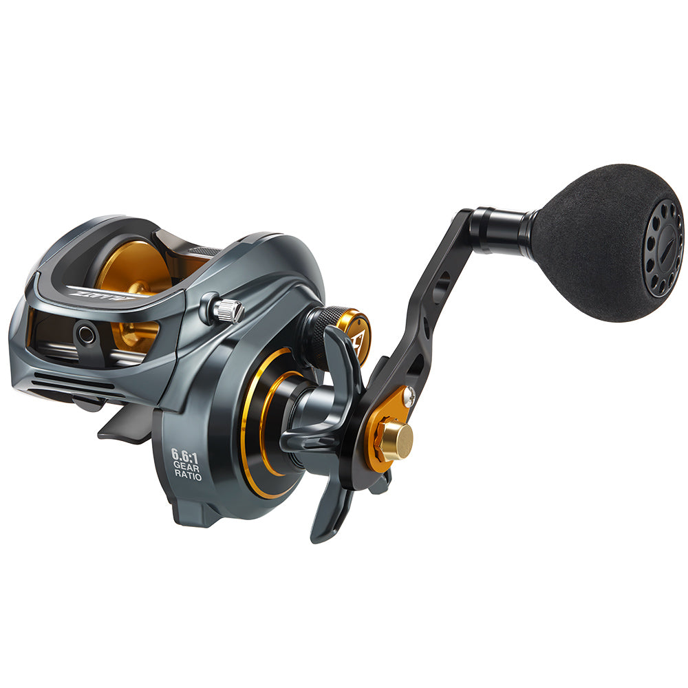 Piscifun® Alijoz Size 300 Low Profile Baitcasting Reel - Durable black and gold fishing reel with incredible 33Lbs drag, perfect for big fish and swimbaits. Loaded with high-end components and innovative features.