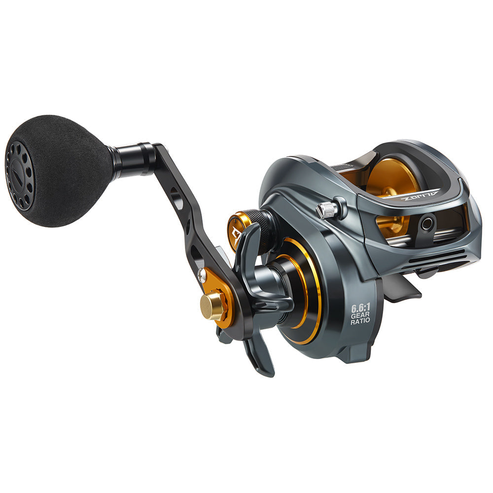 Piscifun® Alijoz Size 300 Low Profile Baitcasting Reel - Durable black and gold fishing reel with incredible power and smoothness. Perfect for big fish and inshore saltwater fishing.
