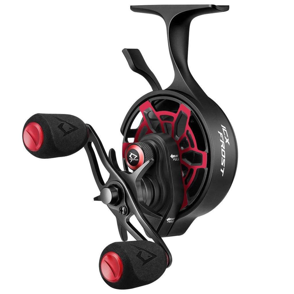 Piscifun ICX Frost Carbon Ice Fishing Reel with black and red design, close-up of logo and wheel, and black headphones.