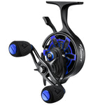 Piscifun ICX Frost Carbon Ice Fishing Reel, a black and blue fishing reel with innovative design and smooth operation.