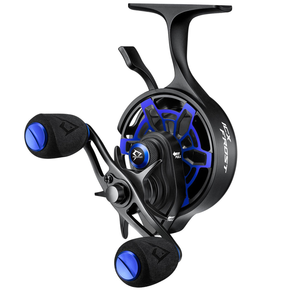 Piscifun ICX Frost Carbon Ice Fishing Reel, a black and blue fishing reel with innovative design and smooth operation.