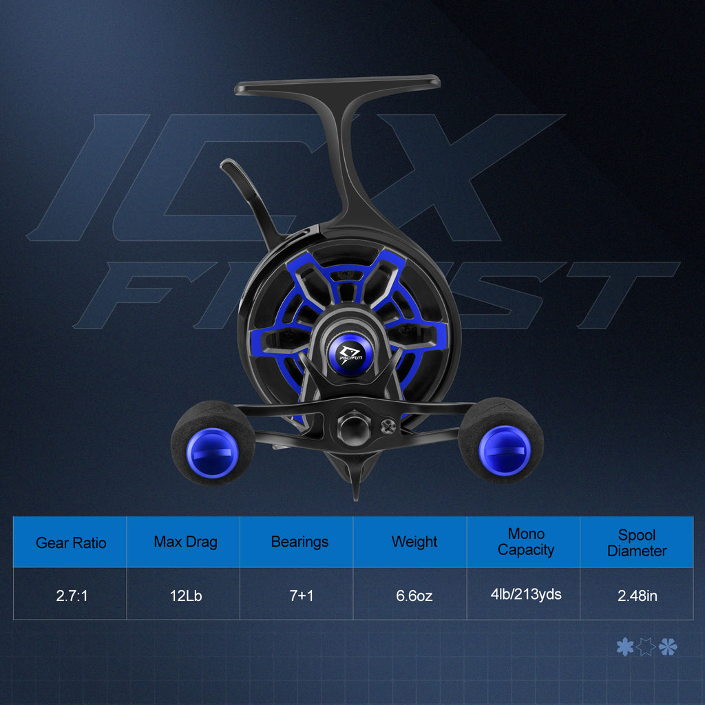 Piscifun ICX Frost Reel - Close-up of innovative ice fishing reel with smooth operation, magnetic drop system, and carbon frame.