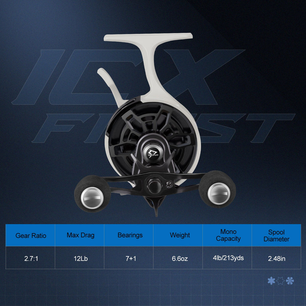Piscifun ICX Frost Carbon Ice Fishing Reel - A close-up of a white and black fishing reel with innovative design and smooth operation.