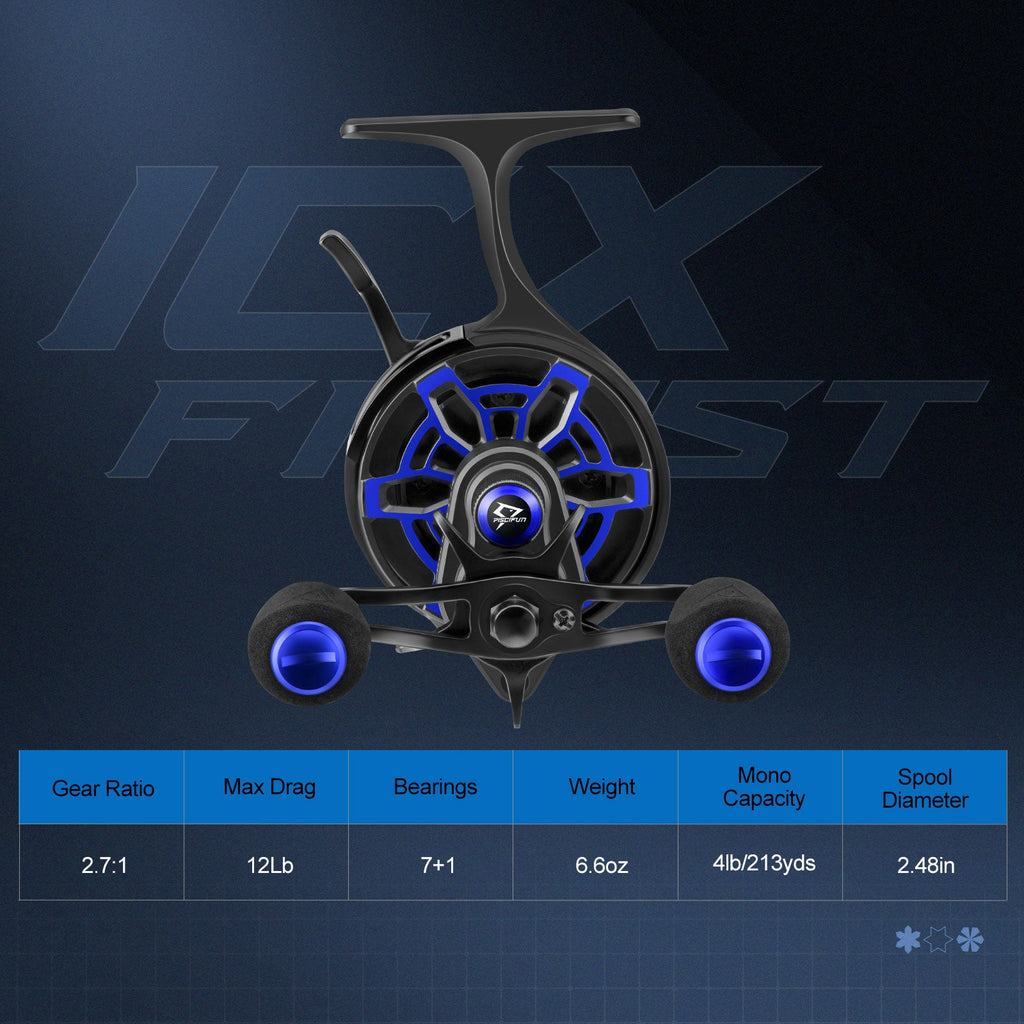 Piscifun ICX Frost Carbon Ice Fishing Reel - Close-up of a fishing reel with innovative design, smooth operation, and magnetic drop system.