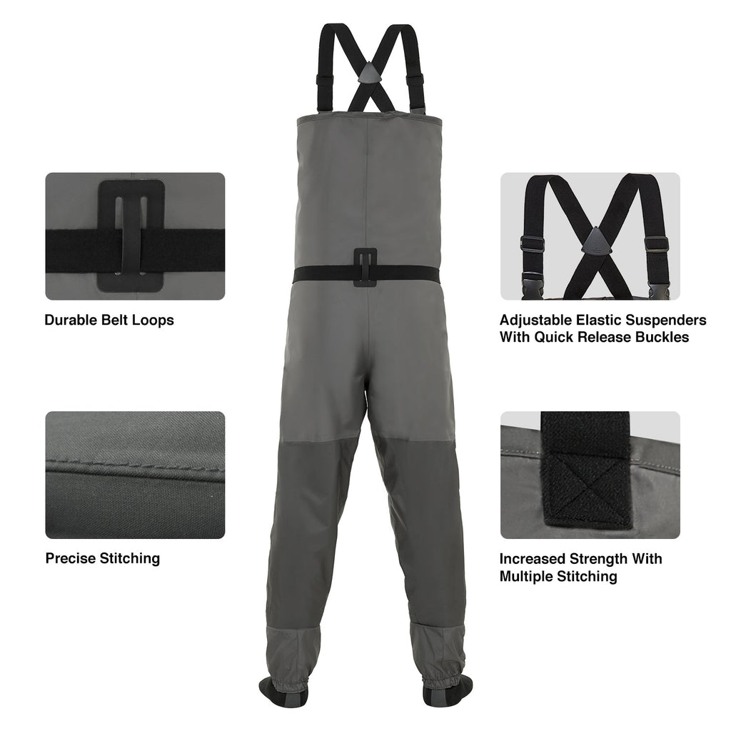 Piscifun® Breathable Chest Waders with suspenders and black straps, perfect for fishing. Durable, lightweight, and 100% waterproof.