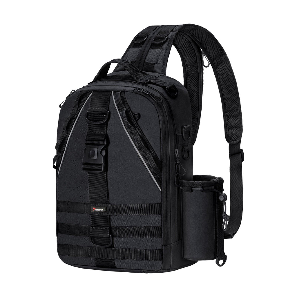 Black backpack with straps, water-resistant and durable. Versatile bag for fishing, camping, hiking, or traveling. Comfortable and ergonomic design with multiple storage compartments. Piscifun® Travel X Fishing Tackle Bag.