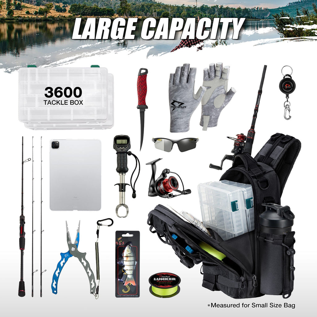 Piscifun® Travel X Fishing Tackle Bag with fishing gear, pliers, fish, tablet, gloves, thread, and container in backpack.