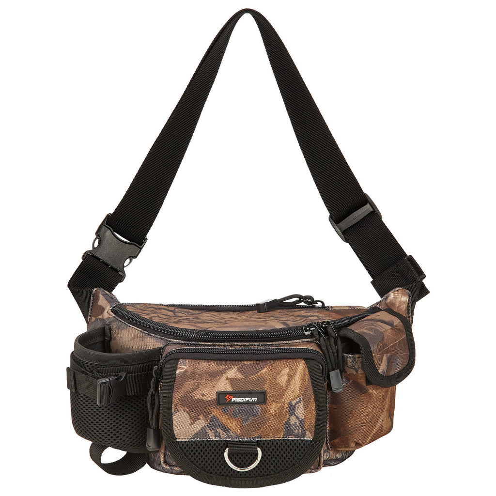 A durable and practical Piscifun® Fanny Pack Tackle Bag with double zippered pockets, adjustable waist-belt system, and hidden anti-theft pocket. Perfect for fishing, hiking, and travel.