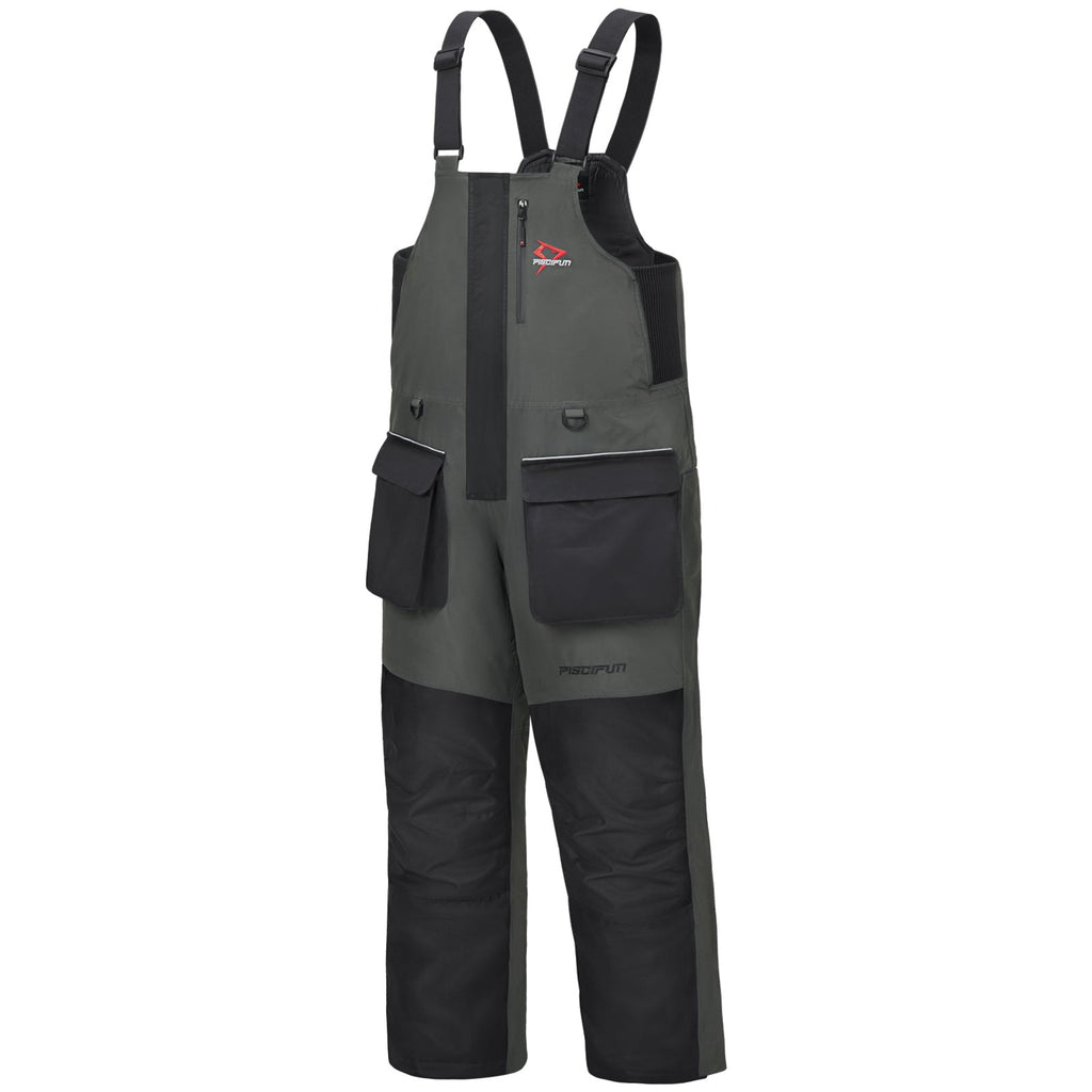 Piscifun Ice Fishing Bibs: Overalls with straps and camouflage shorts for fishing on ice. Waterproof, windproof, and insulated for warmth. Flotation technology for safety. Multiple pockets for storage. High-quality and durable design.