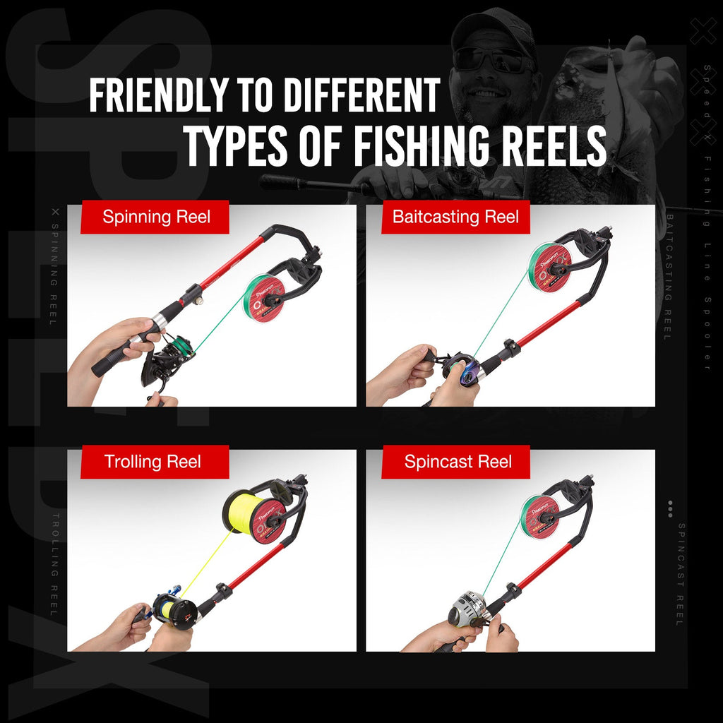 A collage of images showcasing the Piscifun® Speed X Fishing Line Spooler Machine in action, with a hand holding a fishing rod and a close-up of the fishing reel. The Speed X line winder offers unique unwinding function, adjustable aluminum middle handle, upgraded clamp, and a conical adaptor for different line spools. Suitable for various types of reels.