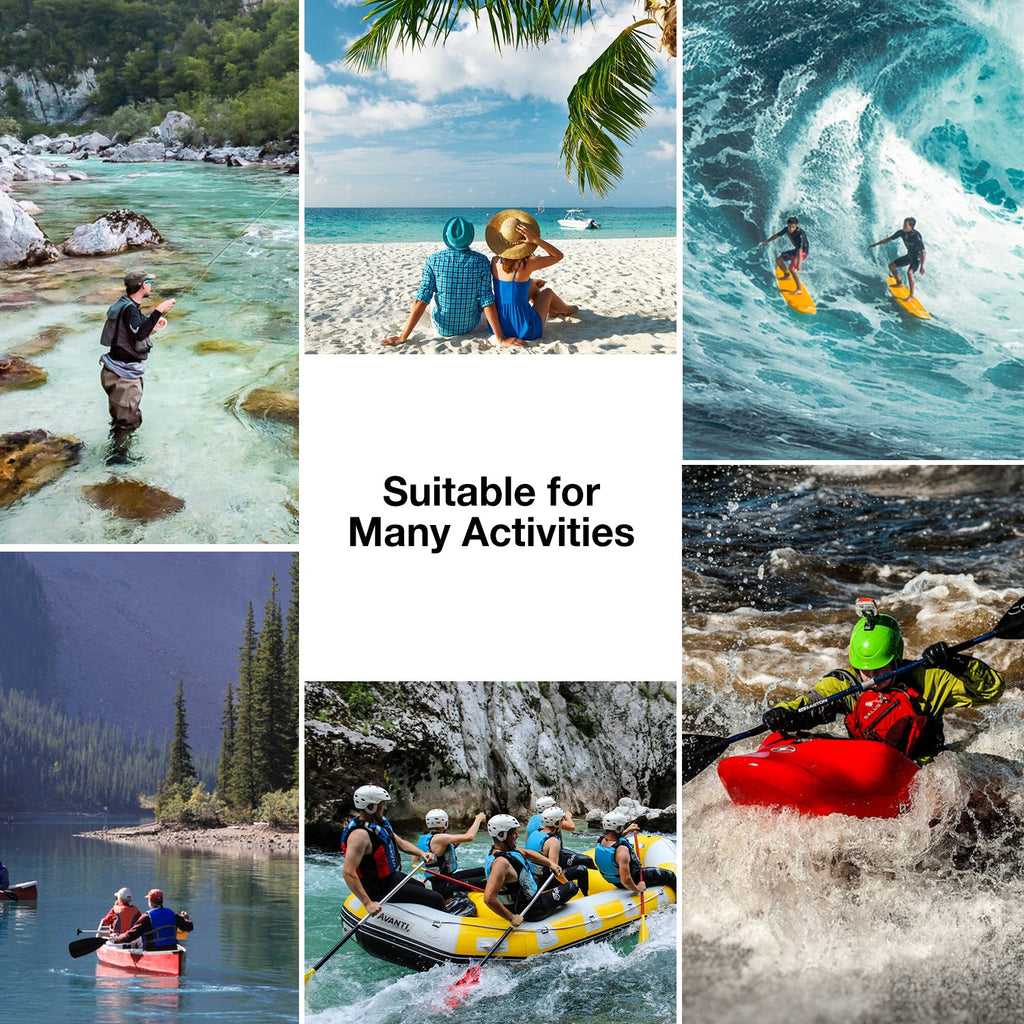 Piscifun® Waterproof Dry Bag: Collage of outdoor activities - beach, rafting, kayaking, surfing. Transparent, user-friendly design with adjustable straps. Includes waterproof phone case. Ideal for outdoor enthusiasts.