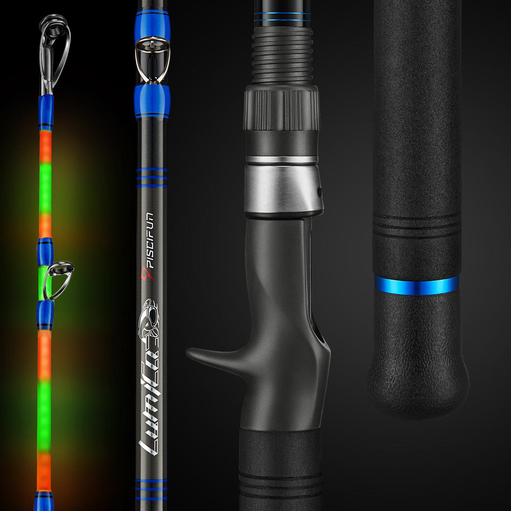 A close-up of a PISCIFUN® LED LumiCat Catfish Rod, a black cylinder with a black stripe, and a red and green light.