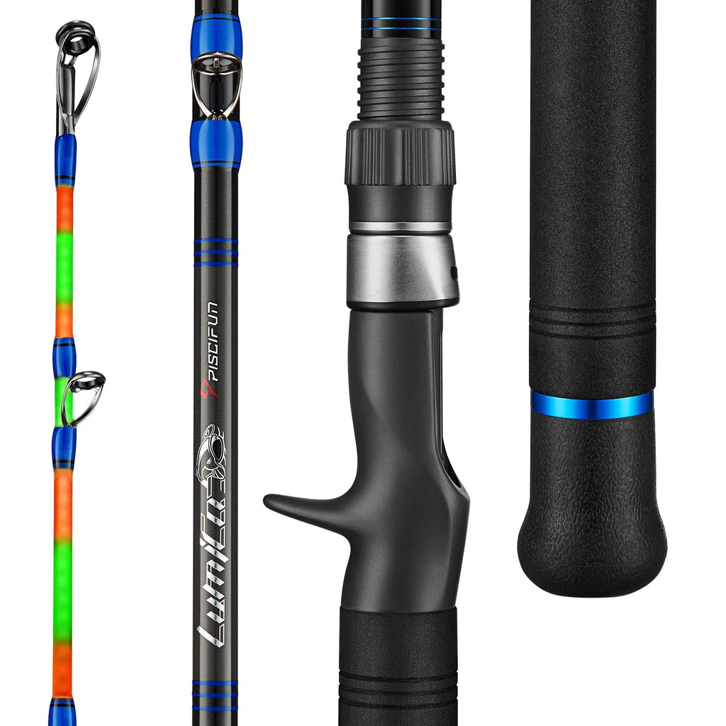 A group of fishing rods with IM7 Carbon Fiber Blank, Ceramic Guide Ring & Stainless Steel Frame. PISCIFUN® LED LumiCat Catfish Rods, 2 Piece Casting Rods Sale.