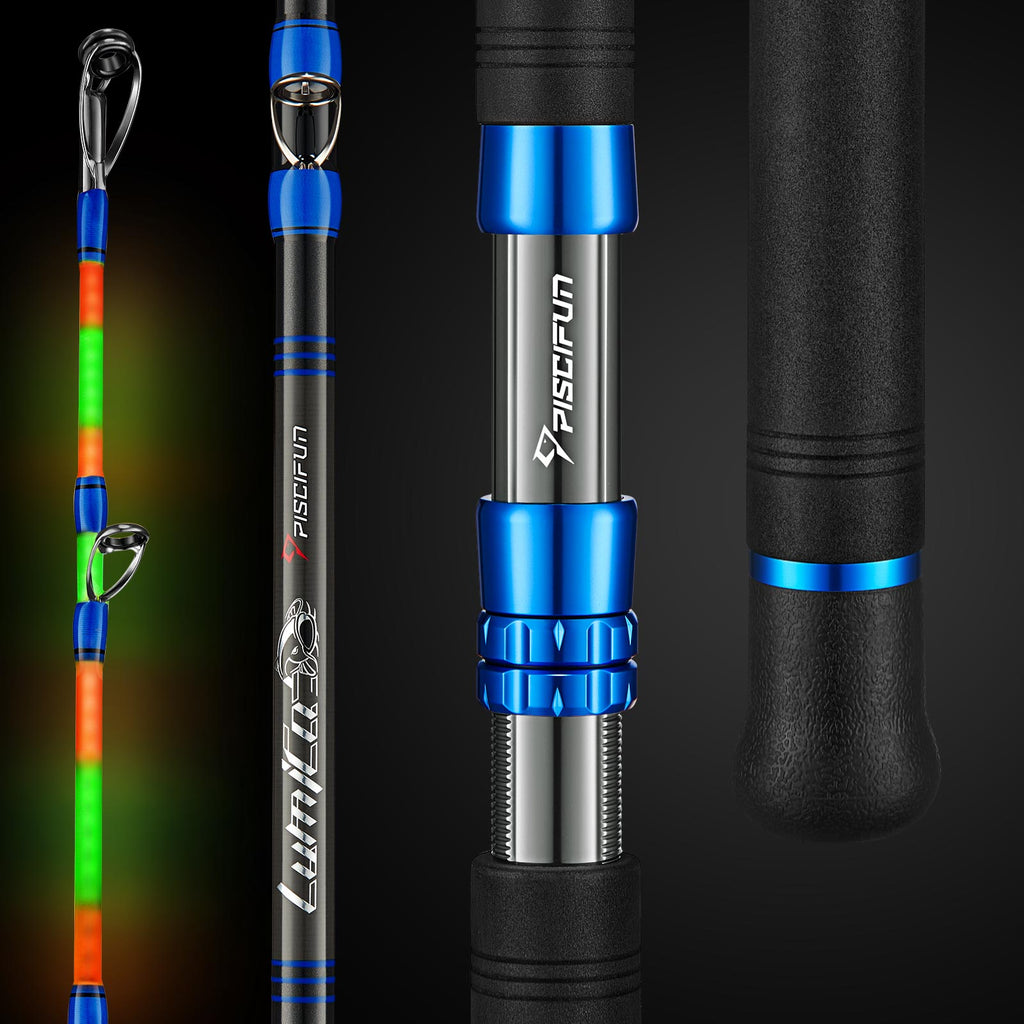 LUMICAT Catfish Rod - Close-up of IM7 Carbon Fiber Blank with Ceramic Guide Ring & Stainless Steel Frame. Perfect for night fishing with 4 × pin-type battery. PISCIFUN® LED LumiCat Catfish Rods, 2 Piece Casting Rods Sale.