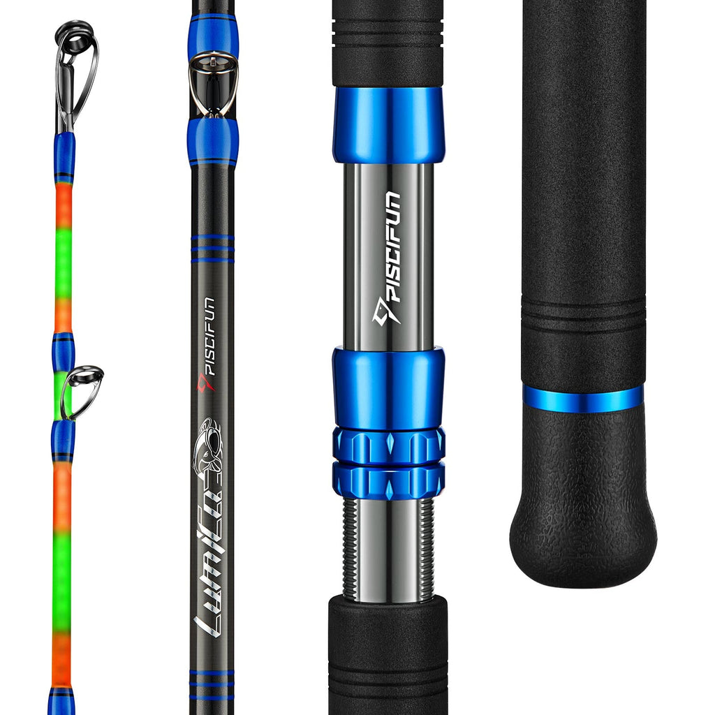 A close-up of a PISCIFUN® LED LumiCat Catfish Rod, a high-quality fishing tool with an IM7 Carbon Fiber Blank, ceramic guide ring, and stainless steel frame. Perfect for night fishing with its bright accessories and pin-type battery. Enhance your fishing experience with this top-notch casting rod from Piscifun.
