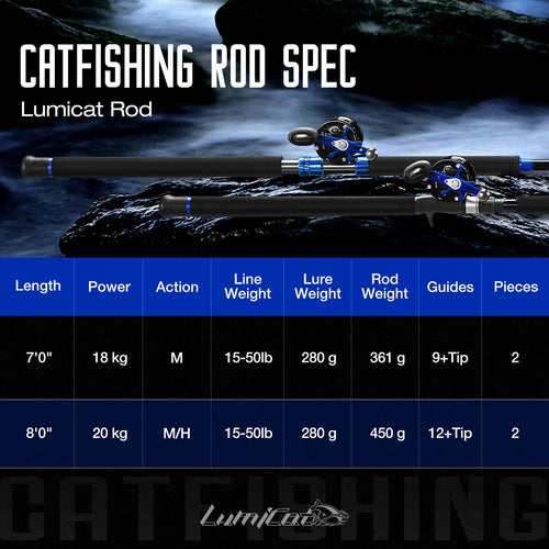 A close-up of a PISCIFUN® LED LumiCat Catfish Rod with IM7 Carbon Fiber Blank, Ceramic Guide Ring, and Stainless Steel Frame.