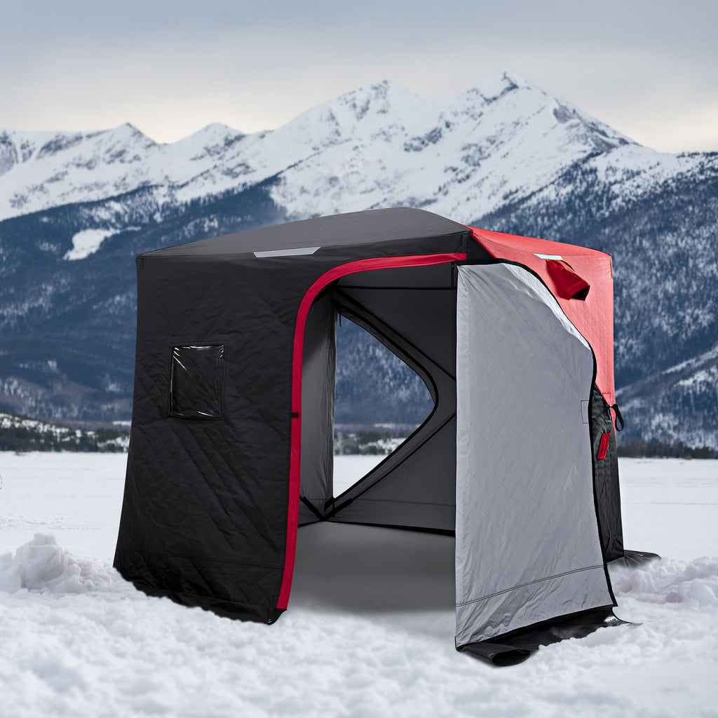 Piscifun 3-4 Person Ice Fishing Shelter: Durable tent in snowy mountain landscape, perfect for winter fishing. Insulated with 80g thermal insulation and 300D Oxford fabric. Two-door design with excellent lighting and easy assembly. Ideal for Piscifun Fishing Reels Fishing Suits.