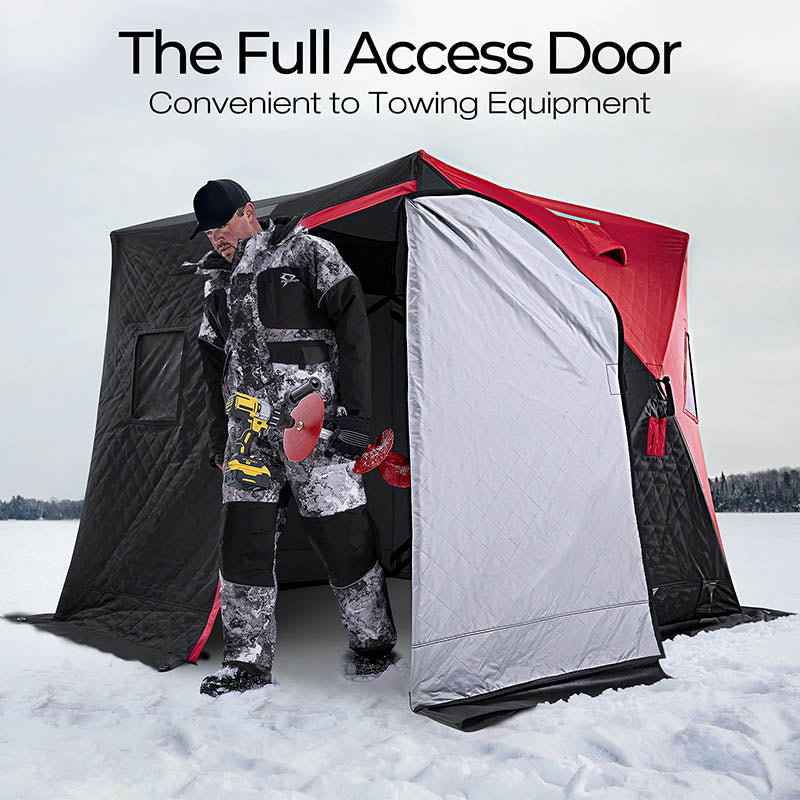 Piscifun 3-4 Person Ice Fishing Shelter: Man in snow suit standing in tent, holding drill. Durable, insulated, -31°F resistant. Two-door design, fiberglass poles for stability. Roomy with excellent lighting. Easy to carry and assemble. Humanized design with air vents, storage bags, wind ropes, and reflective stickers.