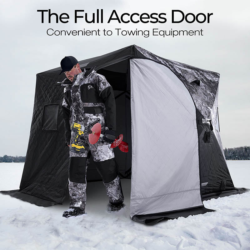 Piscifun 3-4 Person Ice Fishing Shelter: Man in snow suit standing in tent, holding drill. Durable, insulated, -31°F resistant. Two-door design, fiberglass poles for stability. Roomy with excellent lighting. Easy to carry and assemble. Humanized design with air vents, storage bags, wind ropes, and reflective stickers.