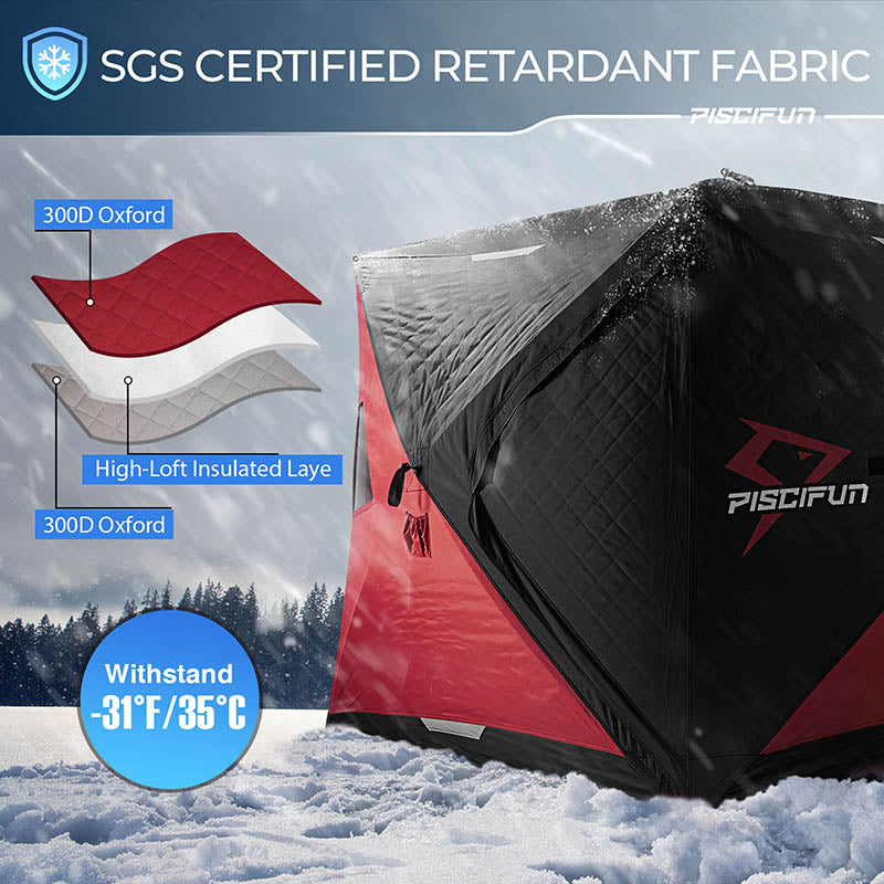 Piscifun 3-4 Person Ice Fishing Shelter: Insulated tent in snowy landscape with red and black design, D-shaped and zip doors, fiberglass poles for stability, roomy with excellent lighting, easy to carry and assemble, humanized design for air circulation and storage.