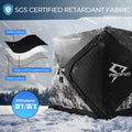 Piscifun 3-4 Person Ice Fishing Shelter, Pop-up Ice Fishing Tent, in snowy landscape with a black and white tent.