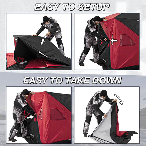  Piscifun 3-4 Person Ice Fishing Shelter in snowy conditions, featuring insulated fabric and two-door design.