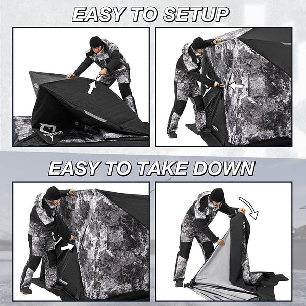  Piscifun 3-4 Person Ice Fishing Shelter in snowy conditions, featuring insulated fabric and two-door design.
