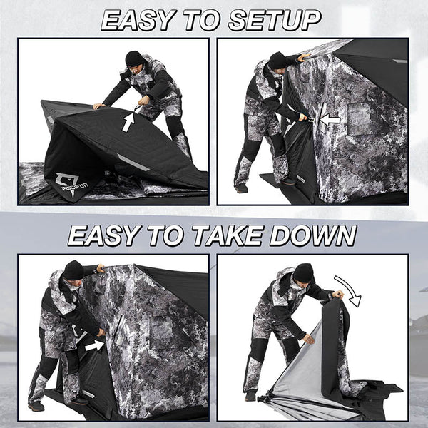  Piscifun 3-4 Person Ice Fishing Shelter in snowy conditions, featuring insulated fabric and two-door design.