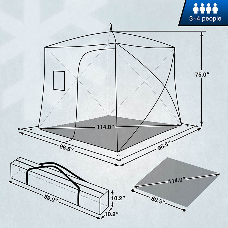 Piscifun 3-4 Person Ice Fishing Shelter: Insulated tent with two doors, fiberglass poles, and excellent lighting for ice fishing.