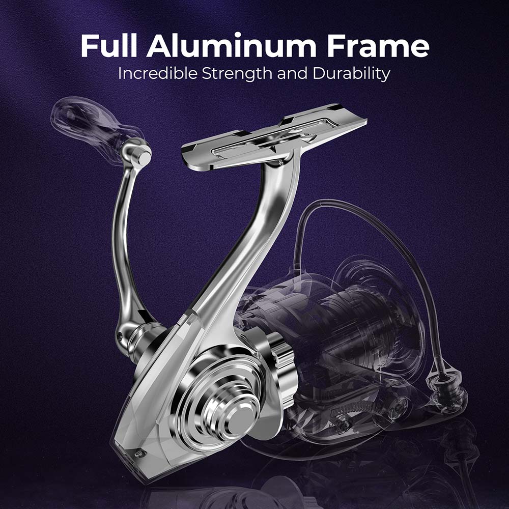 Piscifun® ALUMIX Spinning Reel for freshwater fishing, showcasing a silver and clear design. Full metal body, 26lbs Max Drag, 10+1 stainless steel ball bearings, lightweight at 6.1 oz. Crafted for durability and performance.