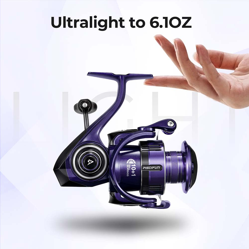 A hand holding a Piscifun® ALUMIX Spinning Reel, showcasing aircraft-grade aluminum body, 26lbs max drag, 10+1 stainless steel bearings, and lightweight construction for freshwater fishing.