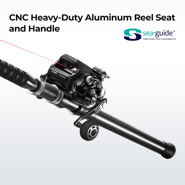 Piscifun® Saltflow High-Tech Rods for Offshore Saltwater Fishing featuring patented MID-THREAD design for balanced tension, CG1 composite material for strength, SEAGUIDE® accessories, EVA front grip, and corrosion-resistant 316L stainless steel components.