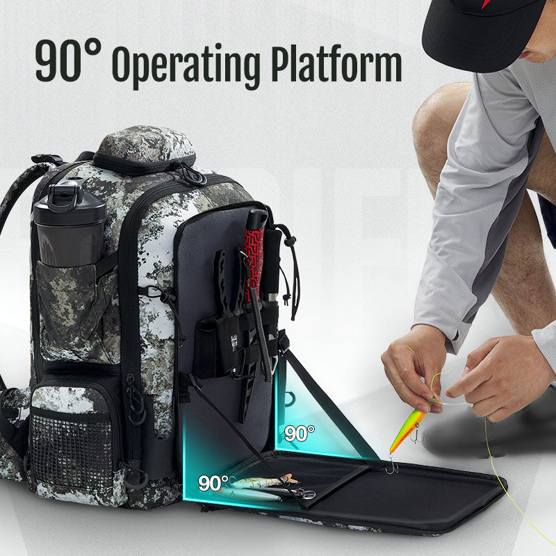 A man looking at a fishing lure in a Piscifun® Fishing Tackle Backpack, highlighting its ergonomic back system, 45L capacity, and 16 multi-functional pockets for storing rods, sunglasses, pliers, lures, and more.