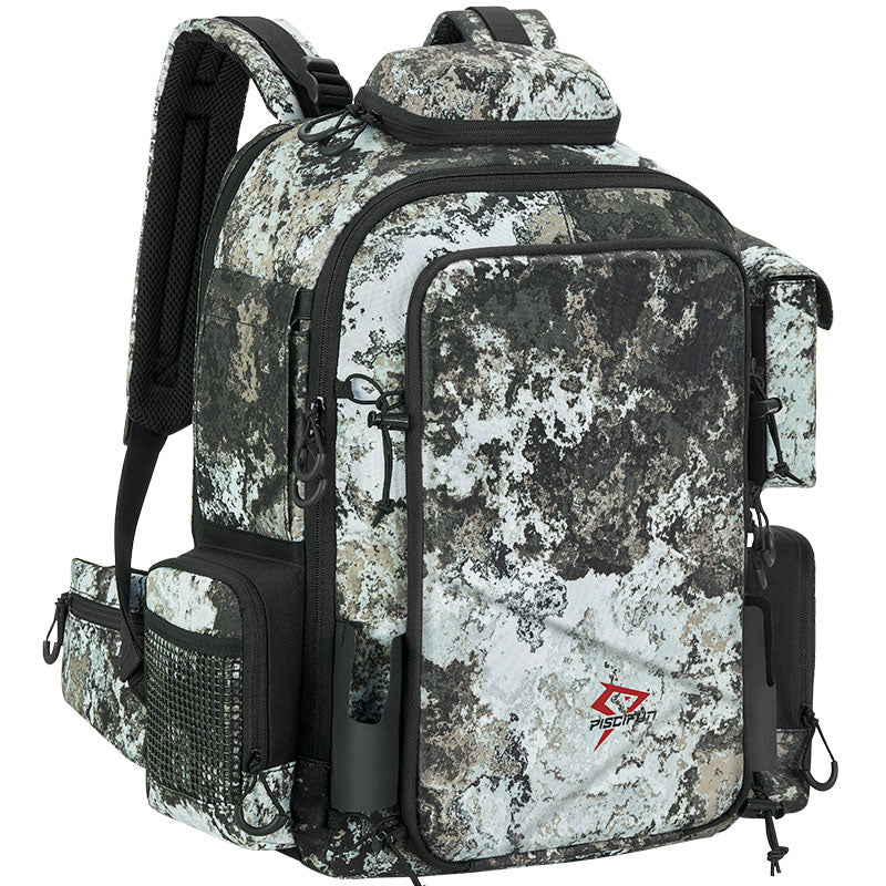 Piscifun® Fishing Tackle Backpack: Camouflage pattern backpack with ergonomic back system. Holds 3600 fishing boxes*6 or 3700 fishing boxes*4. 16 multi-functional pockets and 4 tackle boxes for rods, sunglasses, pliers, lures, and fishing gear.
