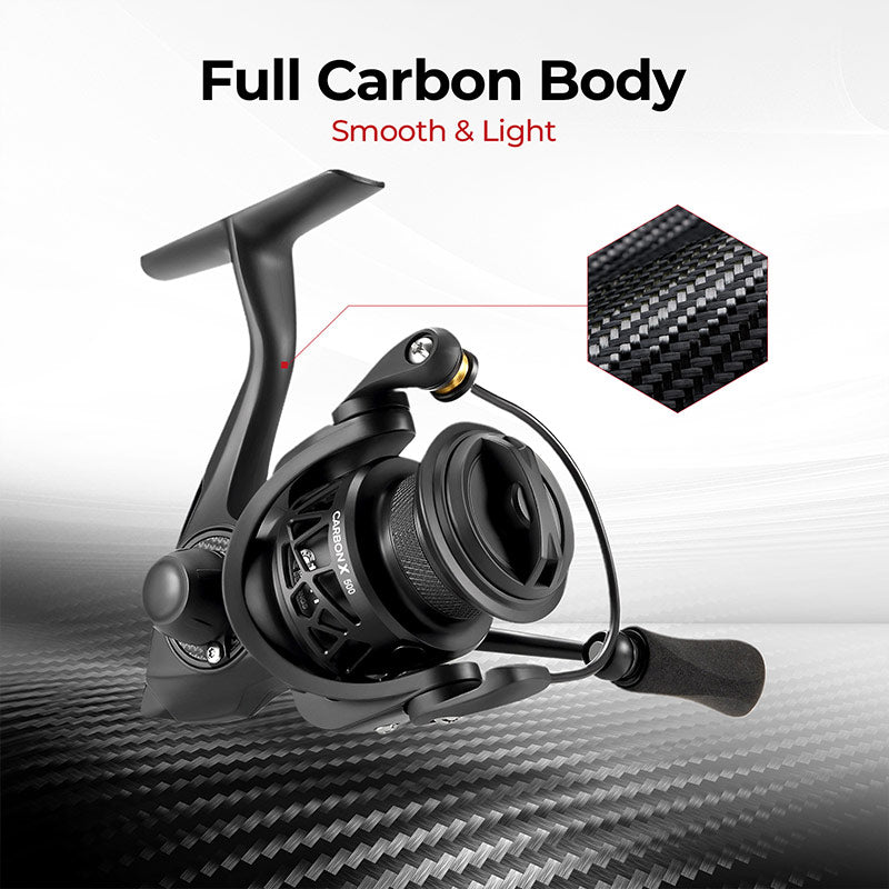Piscifun® Carbon X Spinning Reel: Feather-light carbon fiber body, 10+1 stainless steel bearings, high-speed 5.2:1 & 6.2:1 gear ratio, up to 33lbs drag power, and innovative features for ultimate fishing experience.