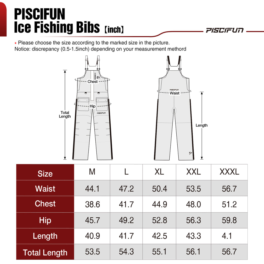 Piscifun Ice Fishing Suit: Size chart diagram, pants drawing, white shorts diagram, cell phone screenshot, table with numbers and symbols, fishing bibs diagram, black text on white background, red sign with white text, close-up of a sign.