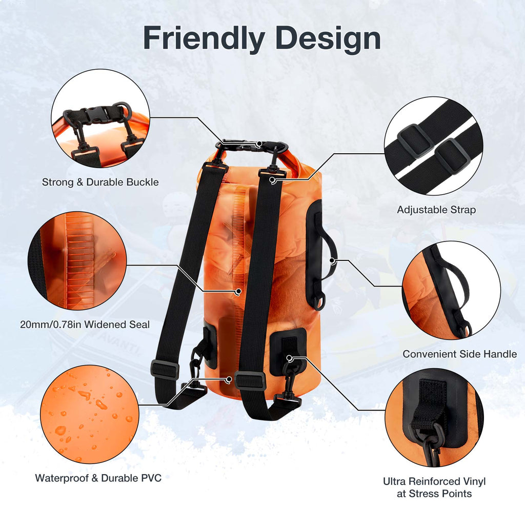 Piscifun® Waterproof Dry Bag with Straps and Instructions, a transparent bag made of wear-resistant PVC material. Ideal for outdoor activities like beach, boating, and kayaking. Includes a waterproof phone case.