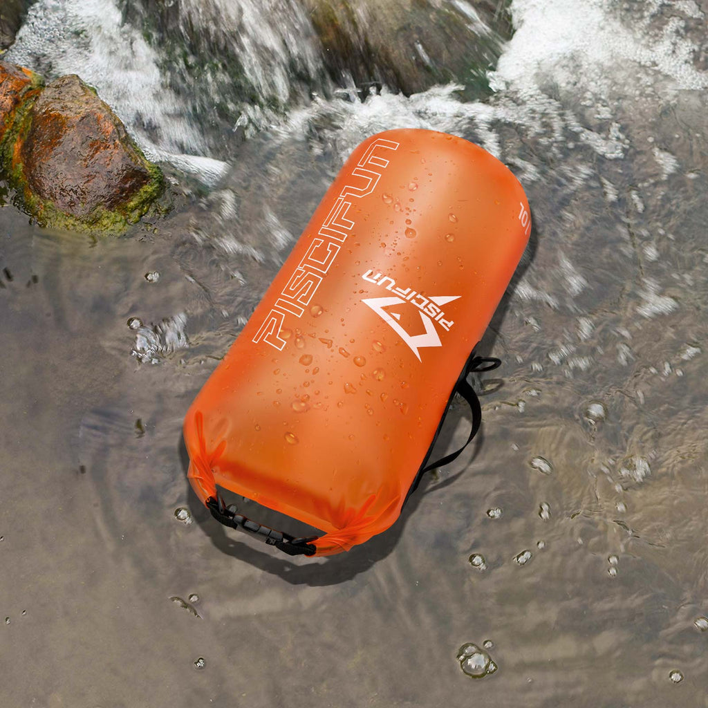 Piscifun® Waterproof Dry Bag floating in water, showcasing transparent design for easy access. Ideal for outdoor activities like boating, kayaking, and fishing.